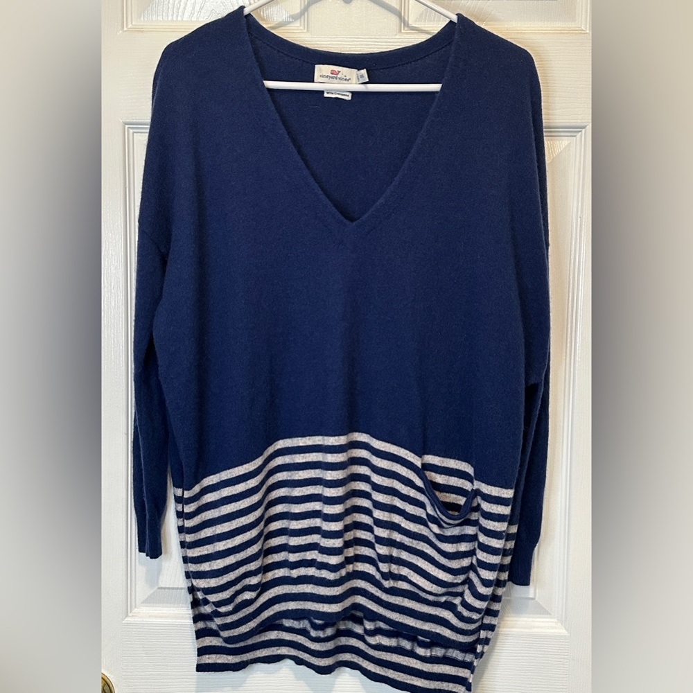 Women’s Vineyard Vines Striped V-Neck Poncho Sweater Navy Blue & Gray Size XXS
